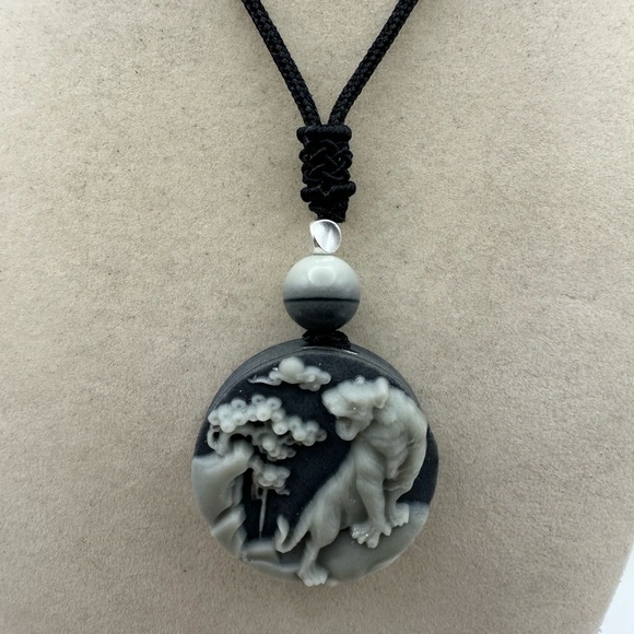 Tai Chi Stone Tiger Pendant Necklace with Silver Accent Bead on Adjustable Rope - Picture 8 of 10